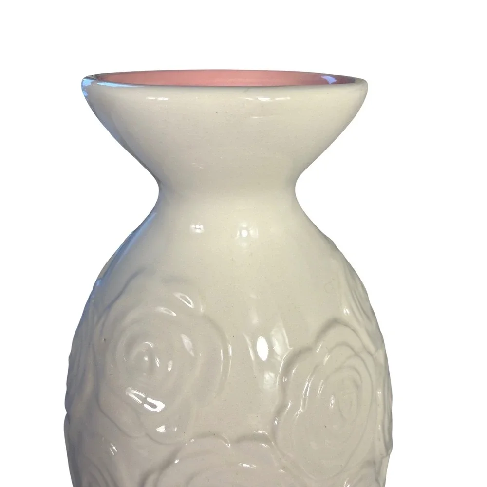 Sandra Magsamen Cream Embossed Rose Ceramic Vase Pink‎ Interior Floral Decor